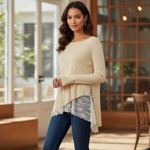 Free People Cream Lace Trim Distressed Knit Casual Boho Pull Over Jumper Sweater